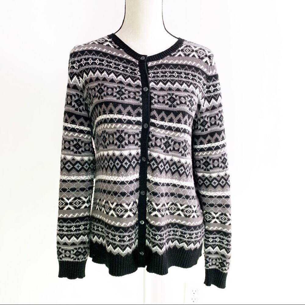 Eddie Bauer Wool Blend Size L Black Grey Fair Isle Scandinavian Striped Cardigan